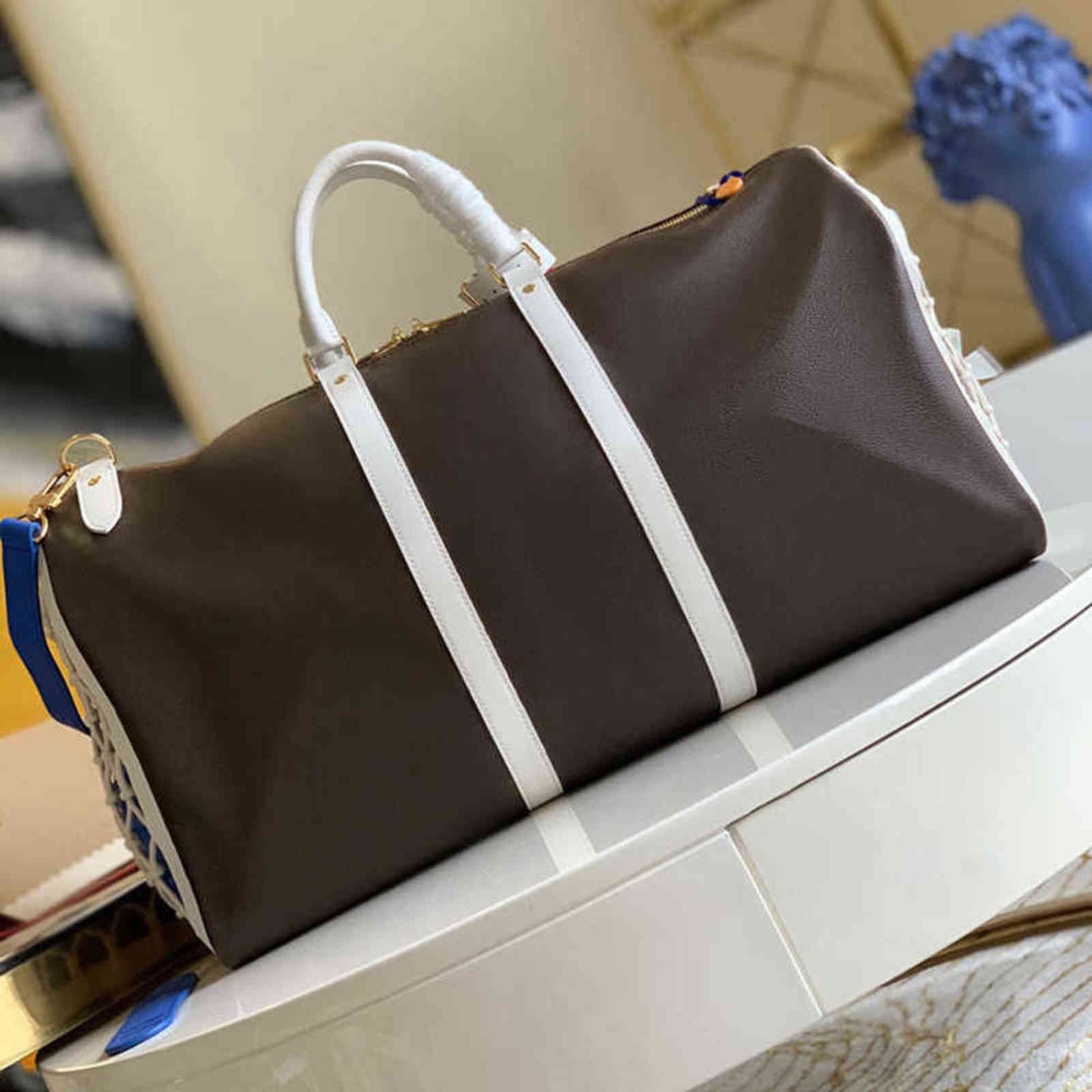 

7A+Fashion new style White basketball Travel bag M41414 Capacity and capacious With removable leather shoulder strap Brown canvas lining1th