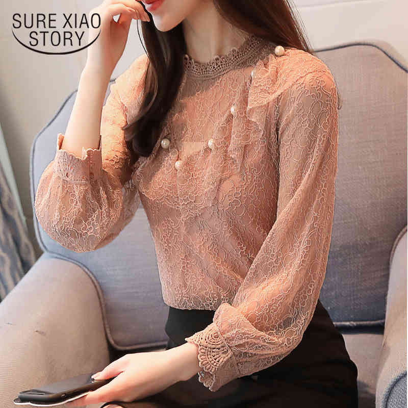 

arrived spring shirt women hollow lace collar blouse female long sleeved tops Chiffon clothing D411 30 210521, Pink