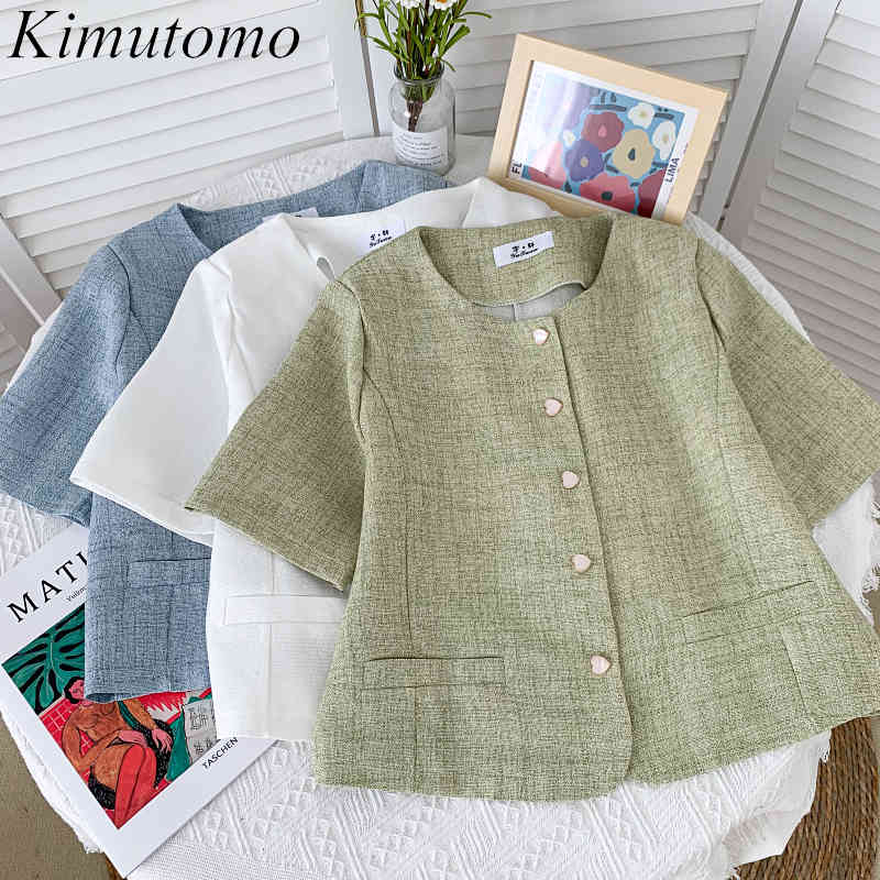 

Kimutomo Elegant Solid Short Jackets Summer All Matching O-neck Heart Single Breasted Korean Clothing Female Chic Top 210521, White