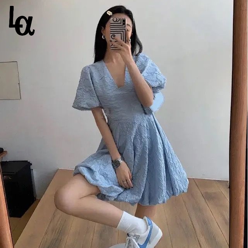 

Summer V-Neck Puff Sleeve Mini Dresses Women Slim Waist Solid Color Line Vintage Vestidos Princess dress 210519, Blue