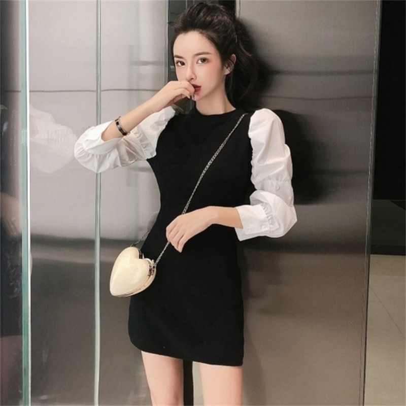 

Korean Fashion Knit Patchwork Black Mini Dress Autumn French Vintage O Neck Puff Sleeve Bodycon Party Vestidos 210519, Picture color