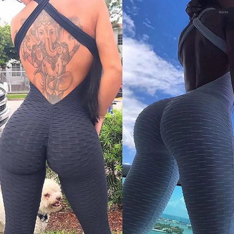 

Women Sports Yoga Set Siamese High Waist Hips Trousers Halter Top Bandage Jumpsuit Fitness Tracksuit Outfit
