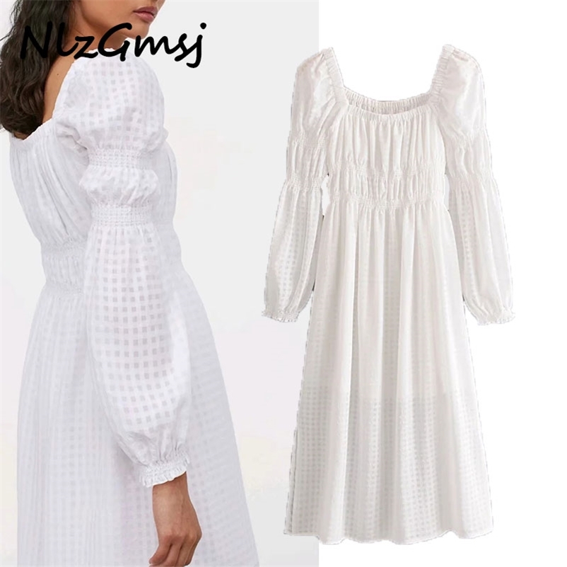 

Dres Flowy White Sexy Square Neck Long Sleeve A-line Midi Party es Summer Robe Femme 04 210628, As picture