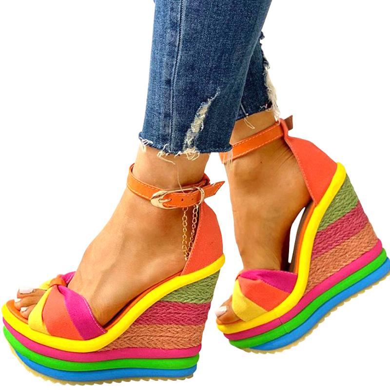 

Sandals Elegant INS Rainbow Colorful 2022 Summer Wedges Party Platform Extreme High Heels Shoes Woman Plus Size 43, Black