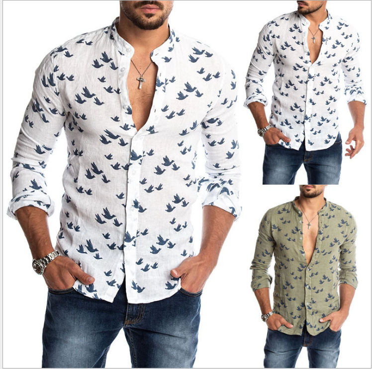 

Men's Shirts 2021 Long leeve Pigeon Print Caual Top, White;black