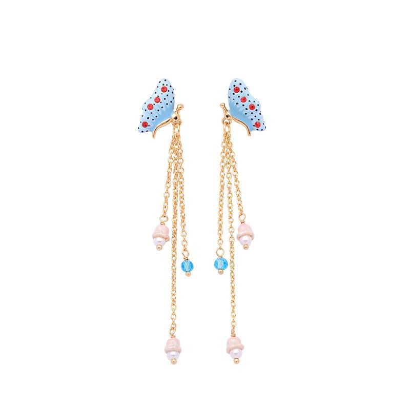 Stud Butterfly Flower Earrings Internet Celebrity Long Tassel Fairy Face Female Hand-Painted Enamel Ear Studs For Woman-image-700794603