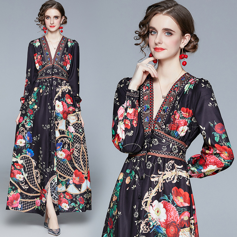 

2021 Fashion Runway Vintage Floral Dress Luxury Women Designer Long Sleeve V-Neck A-Line Prom Sexy Maxi Dresses Business Party Office Spring Autumn Ladies Clothes, Beige