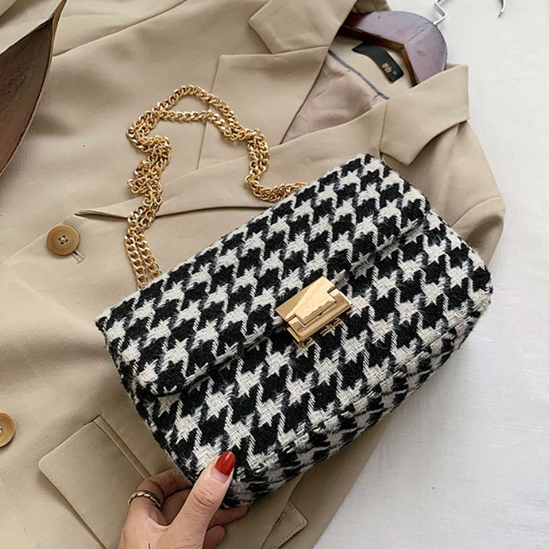 

Fashion Houndstooth WOOL And PU Shoulder Bag Small Bag Luxury Handbags Women Bags Designer SAC A Main Crossbody Bags For Women