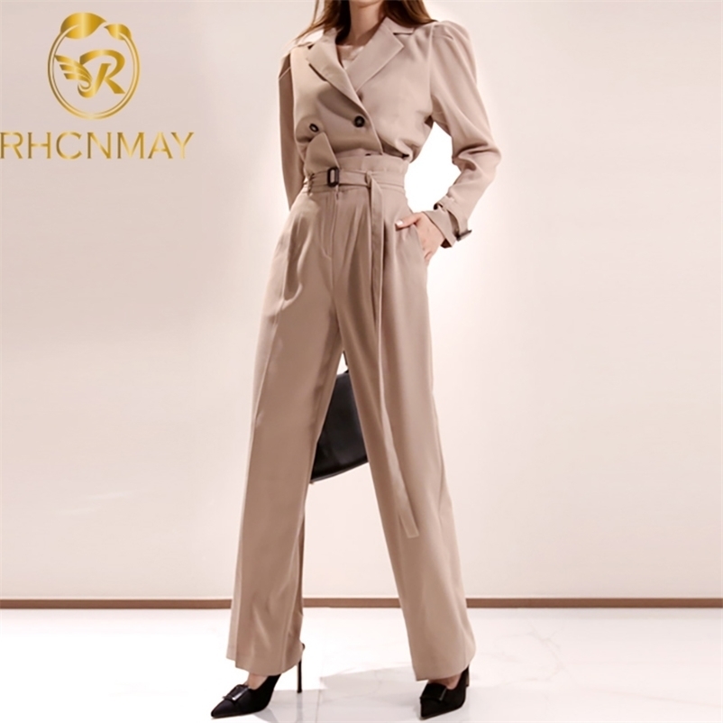 

Elegant Business 2 Pieces Set Retro Khaki Spring Women Lapel Double-breasted Tops and Long Pants OL Work Wear 210520