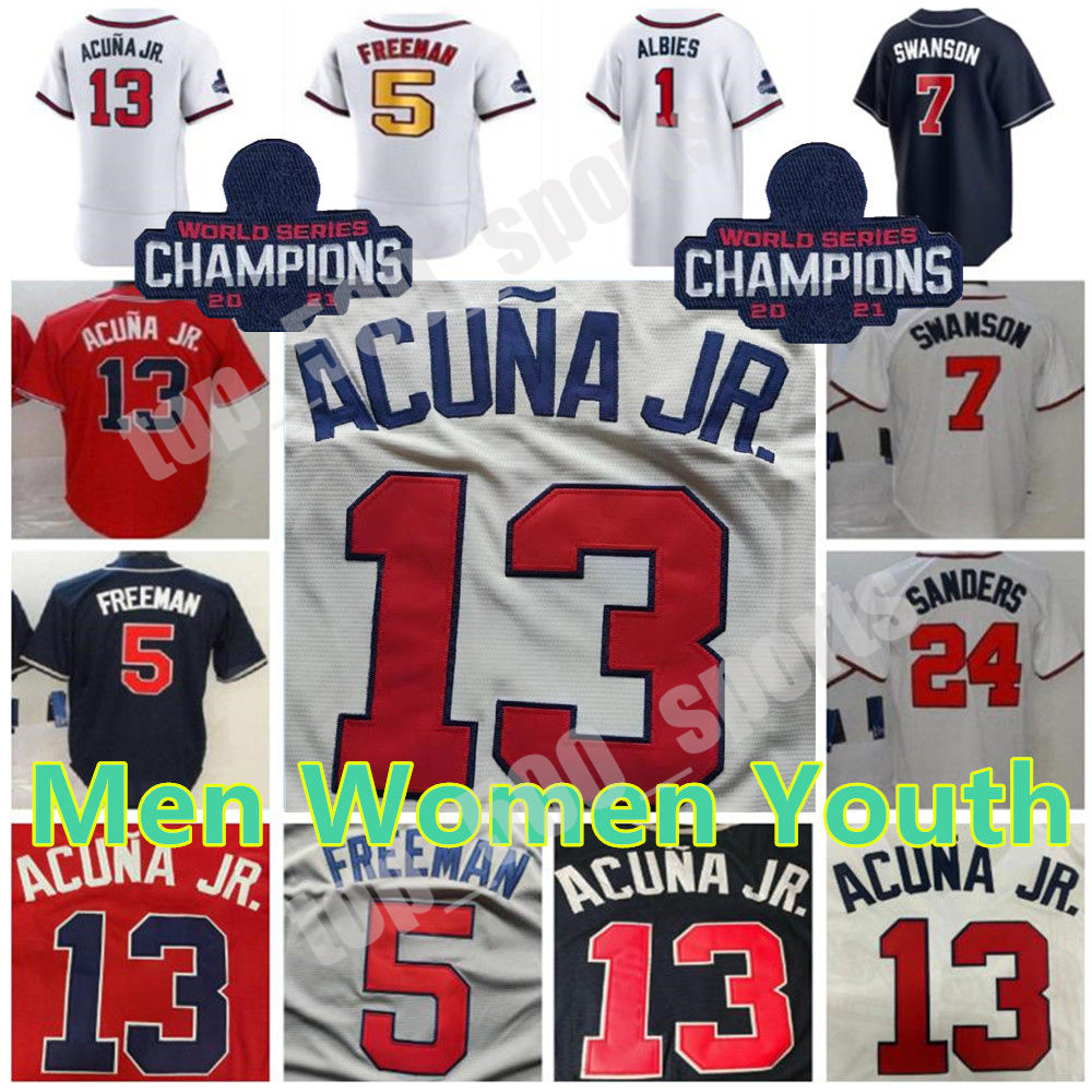 

2021 Men Women youth 5 Freddie Freeman 13 Ronald Acuna Jr. jerseys 7 Dansby Swanson Deion Sanders 27 Austin Riley 1 Ozzie Albies 10 Jones Custom Baseball jersey, Colour 10