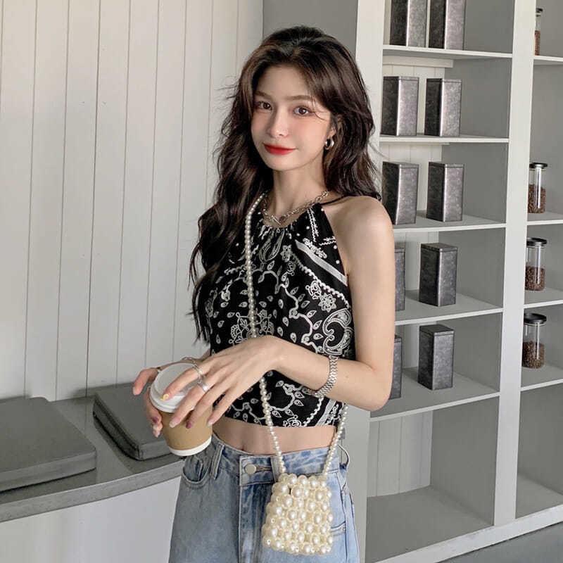 

Women's T-Shirt Paisley Camisole 2021 Summer Hong Kong Style Girl Slim-Fit Short Tube Top Fashion, Beige