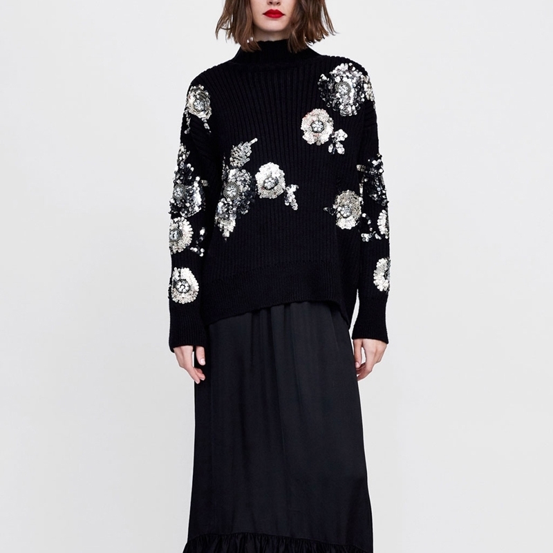 

Fashion Autumn Winter Turtleneck Sweater Pullovers Black Sequin  For Women Beading Loose Plus Size WB3001 210525