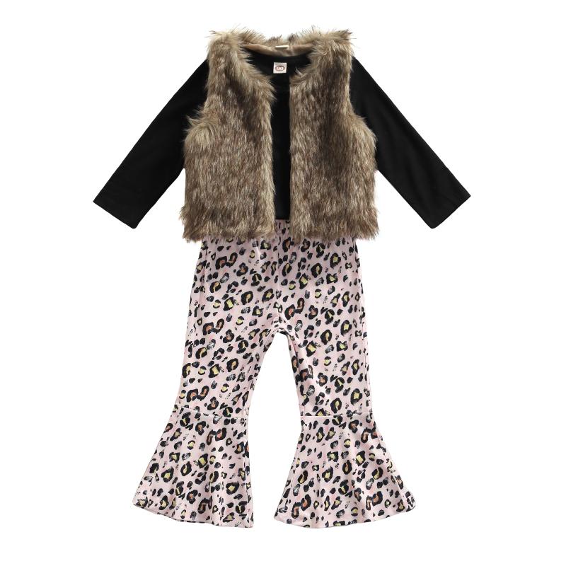 

Clothing Sets Wallarenear 2-7Years Toddler Baby Girls Casual 3Pcs Clothes Set Pullover Leopard Printed Pattern Pants Faux Fur Waistcoat, White