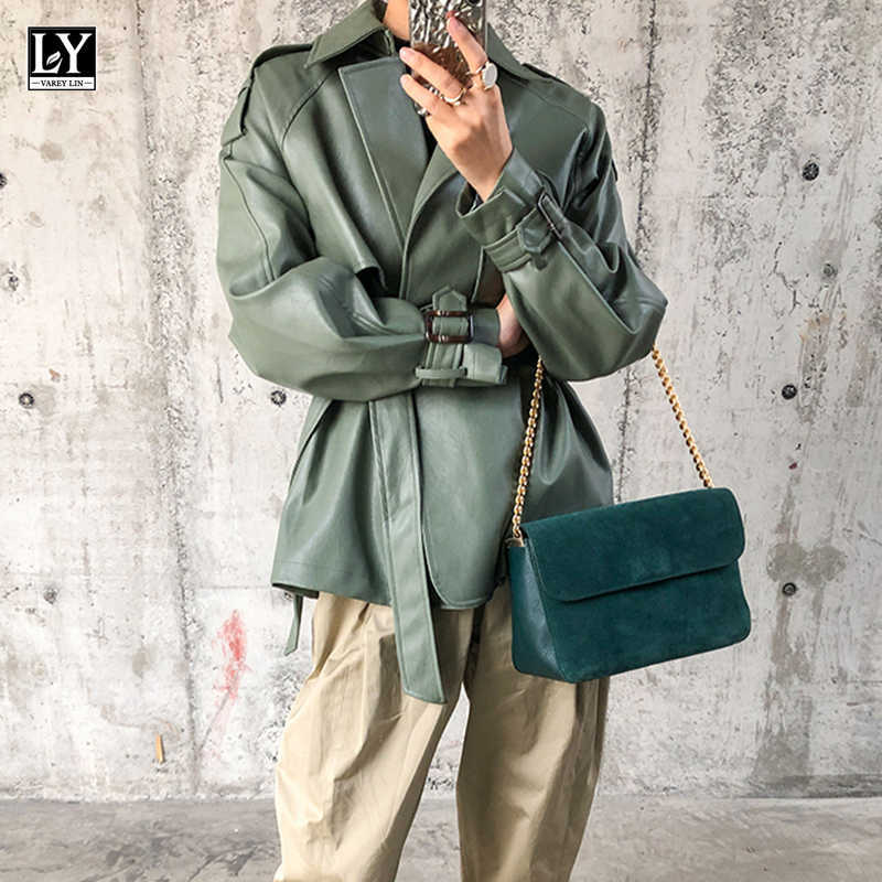 

LY VAREY LIN Spring Autumn Women Faux PU Leather Belt Coat Casual Female Streetwear Outwear Jackets Jacket 210526, Green