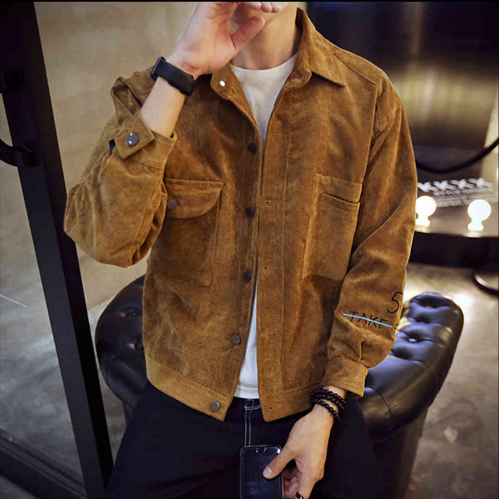 

2020 Spring Autumn Hot Corduroy Jackets Men Long Sleeve Turn Down Collar Slim Solid Bomber Jacket Gray Brown Khaki Outwear Coats Y1106