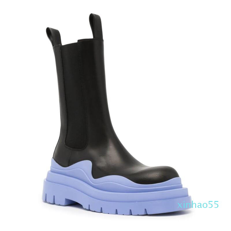 

Top 2021 cheaper sell Man Black+Blue soles Boottega boot fashion luxury Tire Leather Chelsea booties Men platform chunky shoes x, White+fruit green