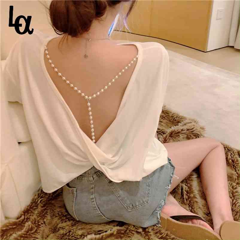 

Summer Women Fashion Sexy Halter Pearl Chain Casual Long-sleeved Sunscreen Loose Tops Backless Female Blouse 210519, White