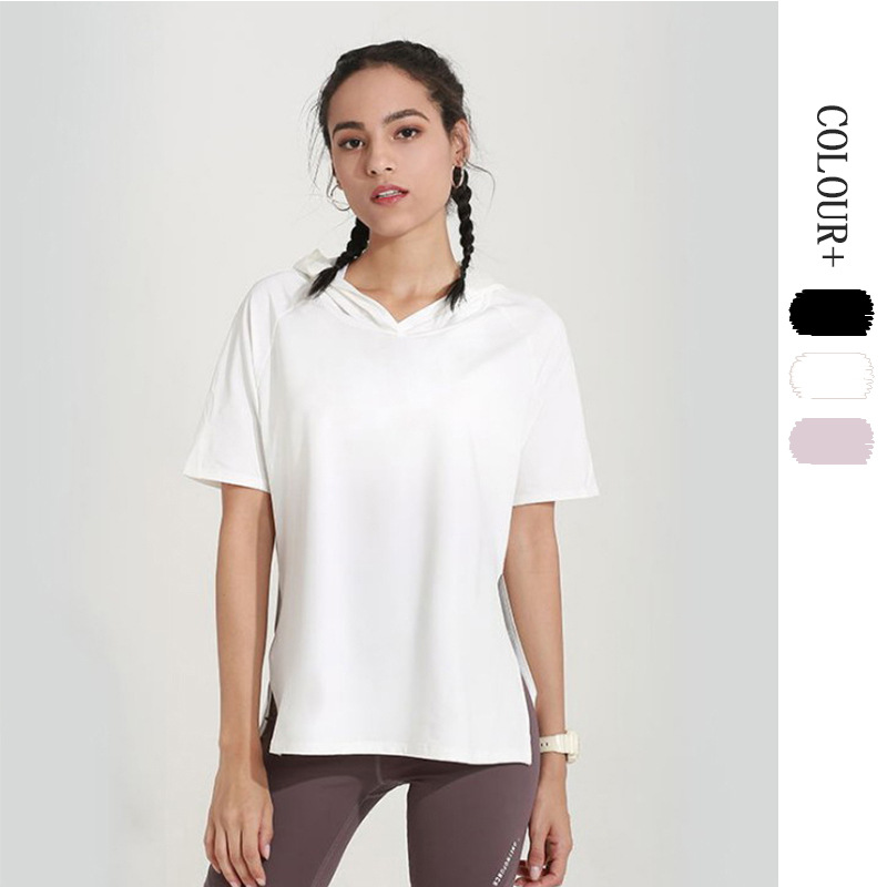 

Women Clothing Tops Tees T-Shirts Tracksuit Yoga Clothes Ladies Short-sleeved Solid Color Loose Outdoor Fitness Sports Breathable Hooded Top, White