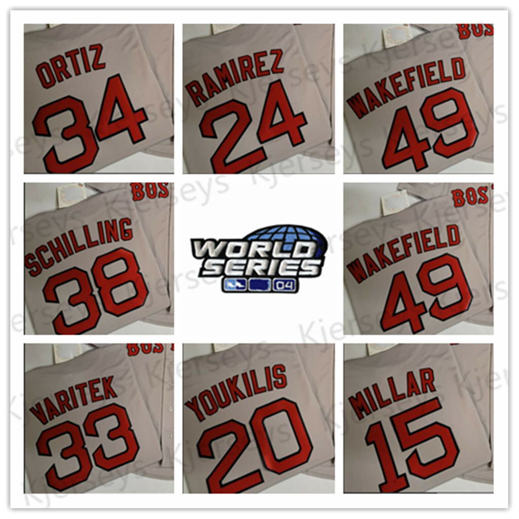 

Vintage Men 24 Manny Ramirez 2004 Boston Grey Road World Series Jersey 33 JASON VARITEK 38 CURT SCHILLING 2 JERRY REMY Retro Baseball jersey, As