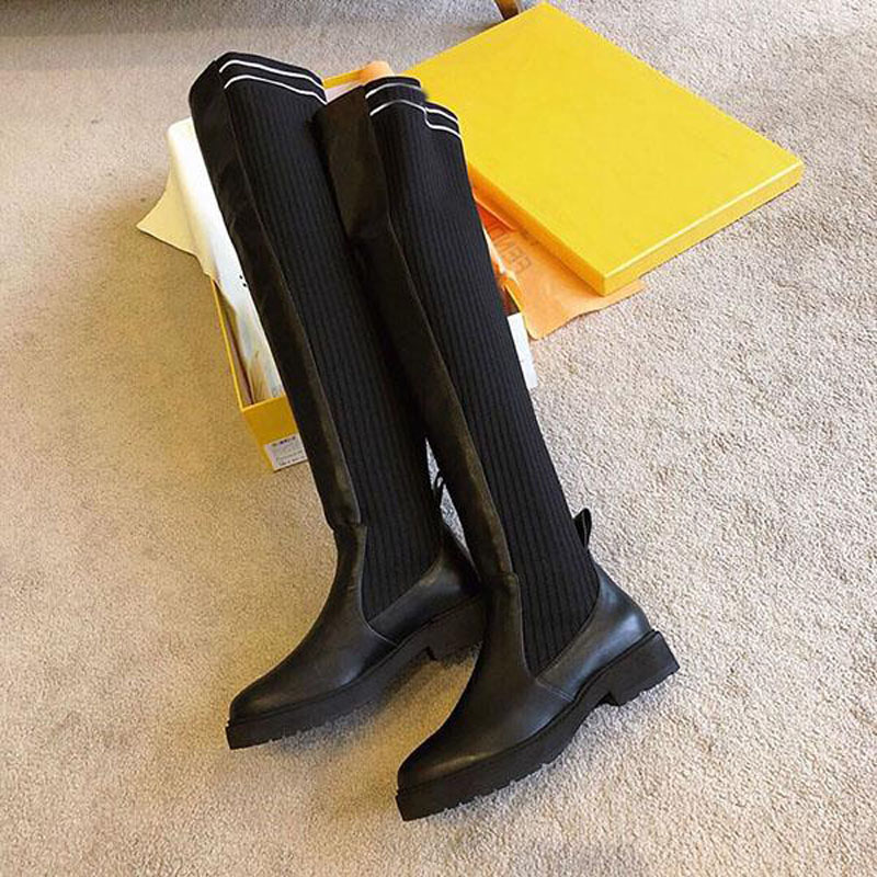 

Luxury women's F letter knitting Over the knee boots Leather fashion outdoor socks brand shoes flat sexy breathable elastic Size 35-41, Khaki