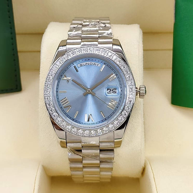 

Men's Automatic Watch Classic Roman Ice Blue face 41mm diamond bezel Stainless steel fold buckle waterproof, Camel