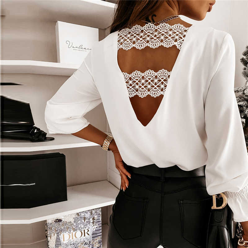 

Sexy Backless Blouse Women Autumn Lace Patchwork Long Sleeve Casual Party Shirts Elegant V Neck Office Lady Loose Tops Plus Size 210526, Black