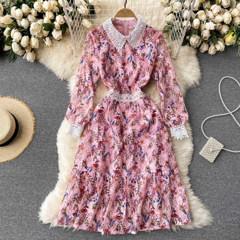 

LY VAREY LIN Spring Women Lace V-neck Dress Sweet Print Long Sleeve Elegant A-line es Lady 210526, Blue
