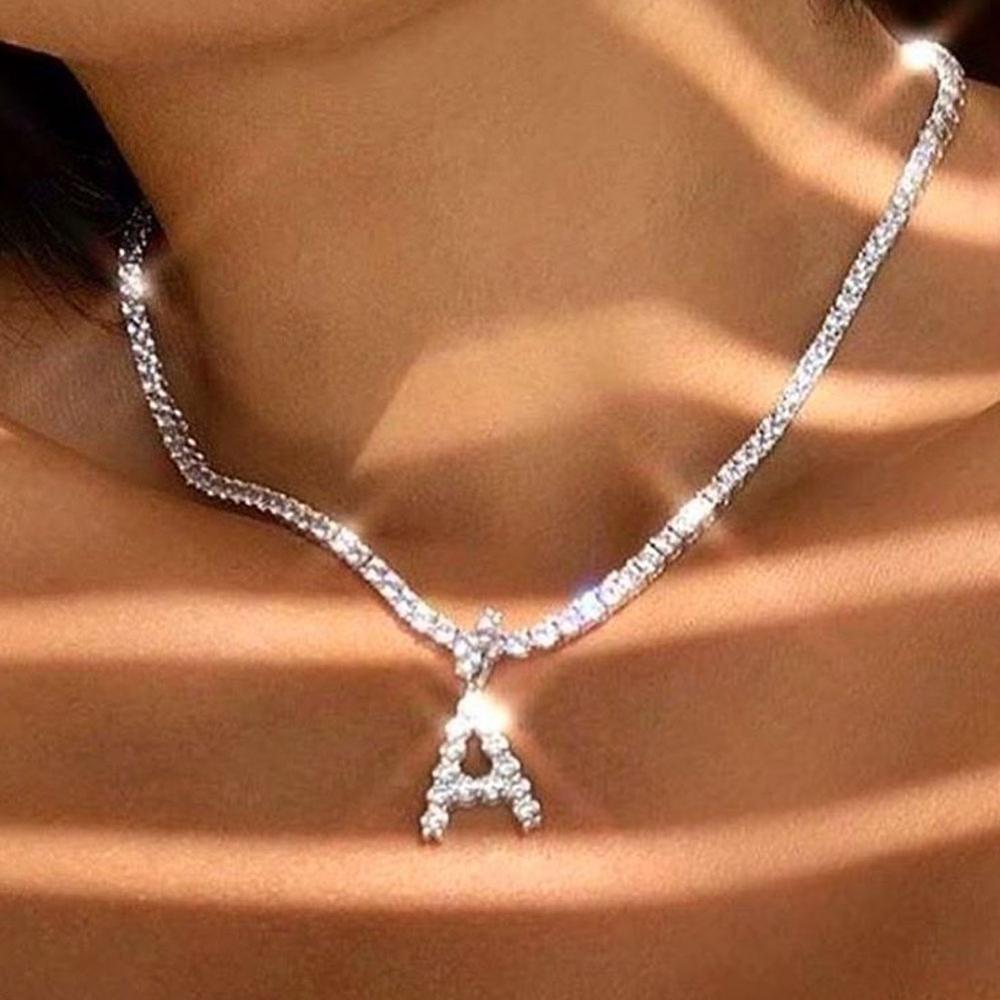 

Caraquet Ice out A-Z Letter Initial Pendant Necklace Silver Color Tennis Chain Choker Necklace Female Fashion Statement Jewelry X0509