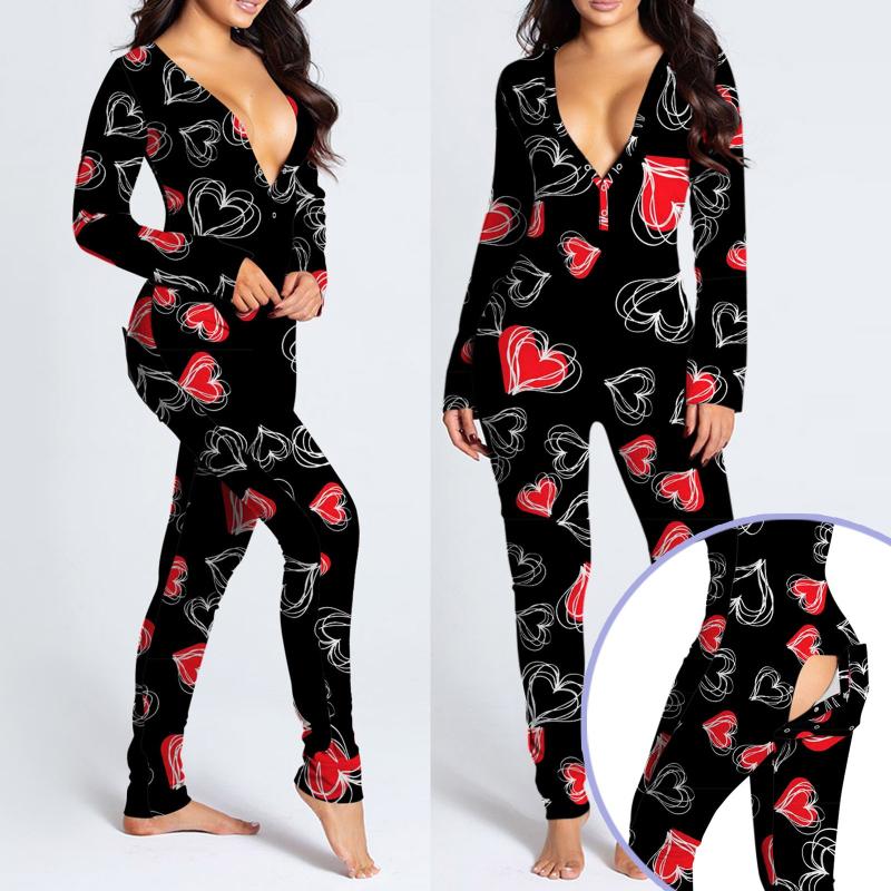 

Gym Clothing Sexy V-Neck Women Heart Printed Rompers Cutout Functional Buttoned Flap Adults Pajamas Club Button Design Plunge Lounge Jumpsui, Black
