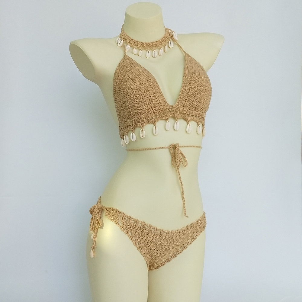 

3pcs Bikini Set Woman Crochet Shell Tassel Bikini Top And Seashell Ankle Chain Sexy Thong Hollow-out Low Waist Bikini Bottom, Black