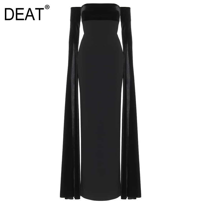

[DEAT] Women Dress Banquet Slash Neck High Waist Long Sleeve Solid Color Loose Fit Fashion Spring Summer 13U909 210527, Black