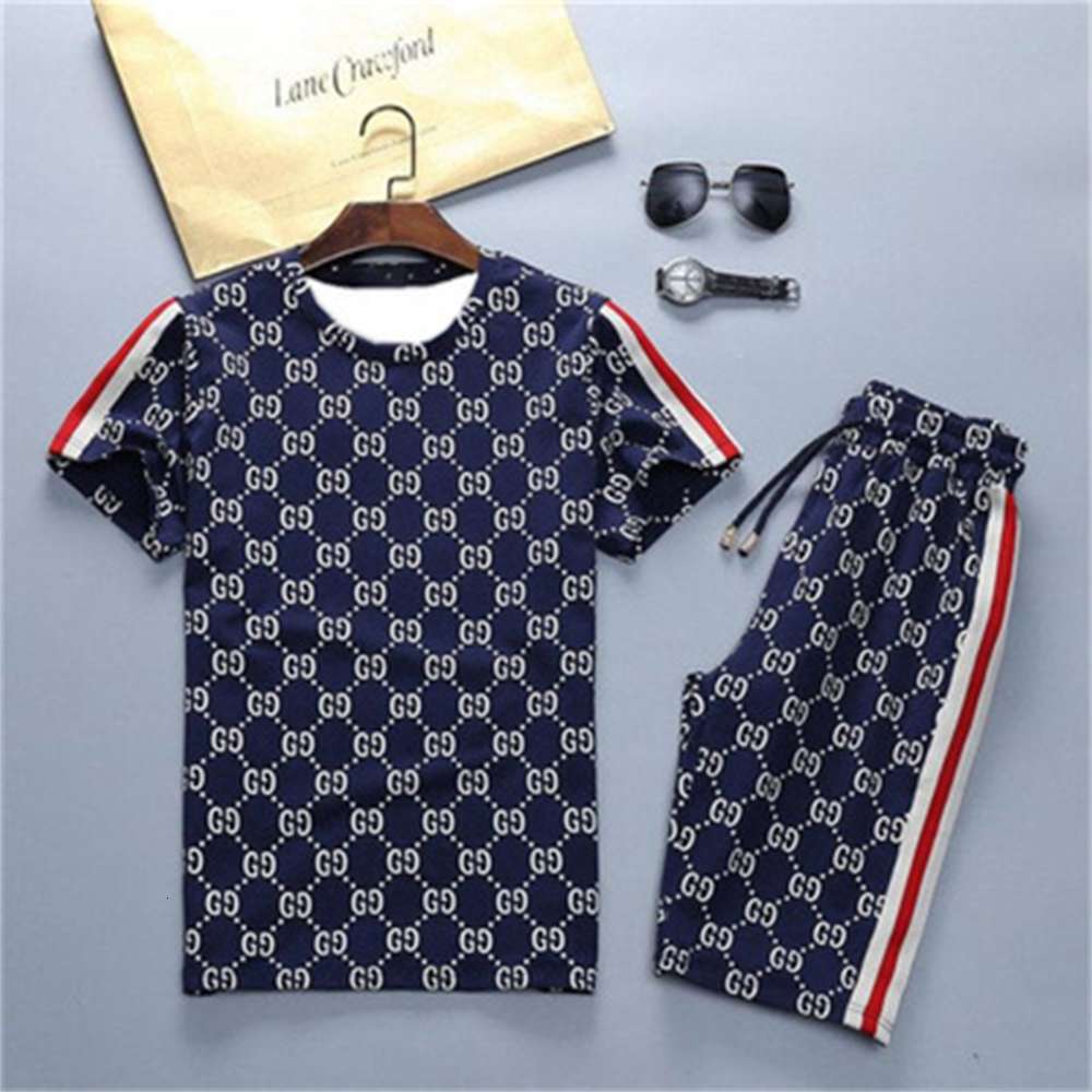 

t shirt Men's summer printed casual suit two piece short sleeve round neck pants AHRD, White;black