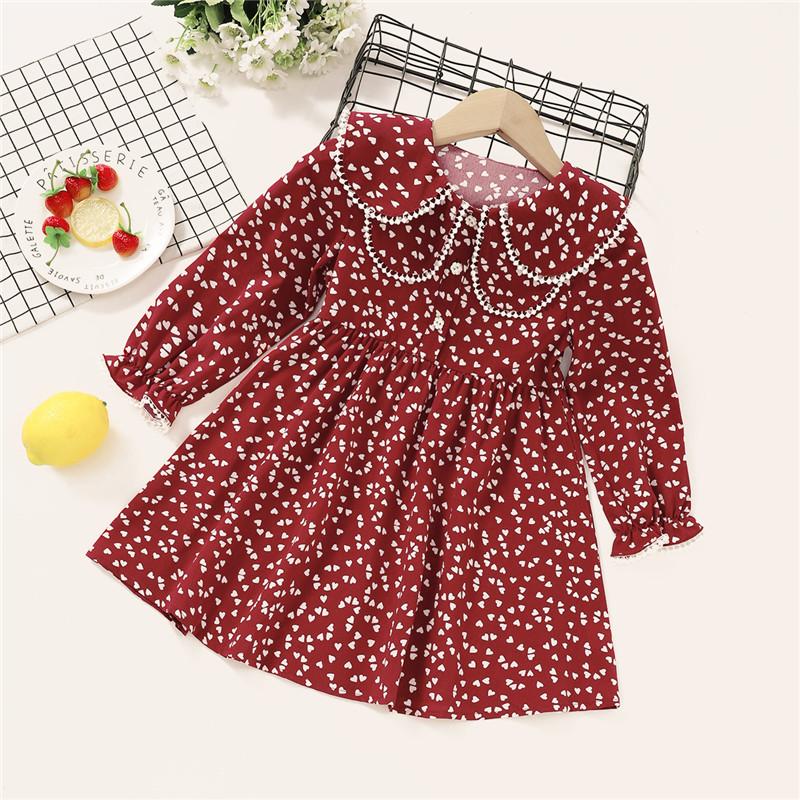 

Girl's Dresses Girls Long Sleeve Dress Toddler Baby Children Wine Red Heart Printed Pattern Ruffled Collar One-piece Princess For Spring