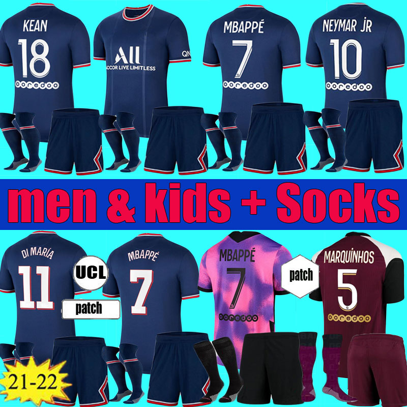 

men kids 2021 2022 ICARDI MARQUINHOS MBAPPE soccer Jersey 21 22 VERRATTI KEAN NEYMAR shirt JR Maillots de football kit Hommes enfants set Socks uniforms, 2020-21 home full set +ucl patch
