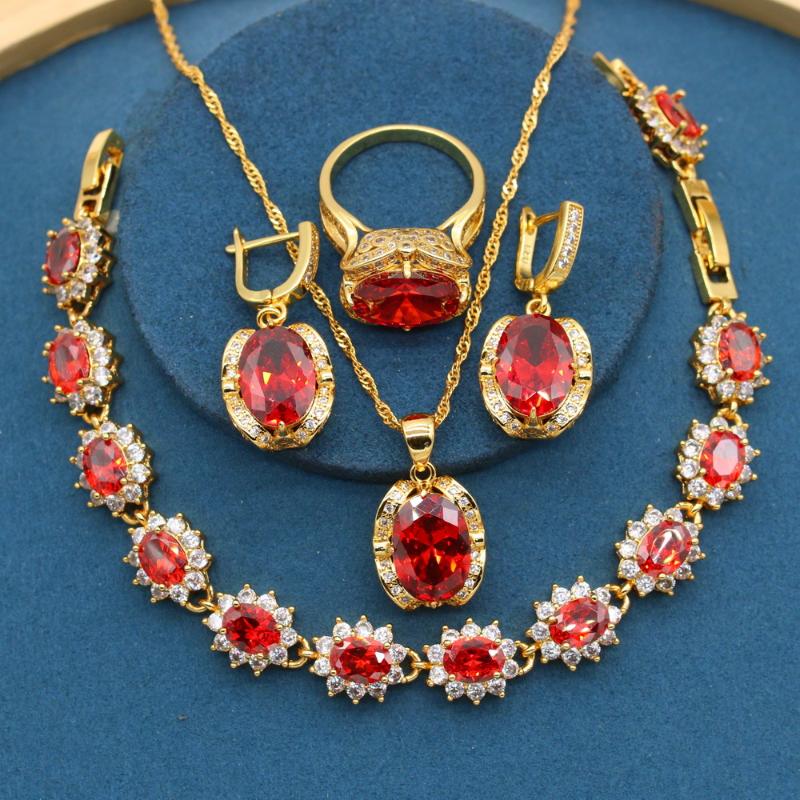 

Earrings & Necklace Classic Red Zirconia Stones Gold Color Jewelry Sets For Women Bracelet Ring Party Birthday Gift, As pic