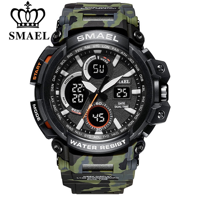 

SMAEL Camouflage Military Watch Men Waterproof Dual Time Display Mens Sport Wristwatch Digital Analog Quartz Watches Male 1708g, Brown