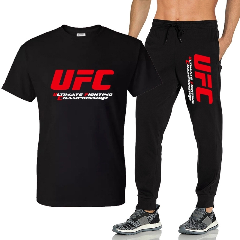 

UFC fighting Ultimate Fighting short sleeve men's MMA casual sports T-shirt Pants Set, White;black