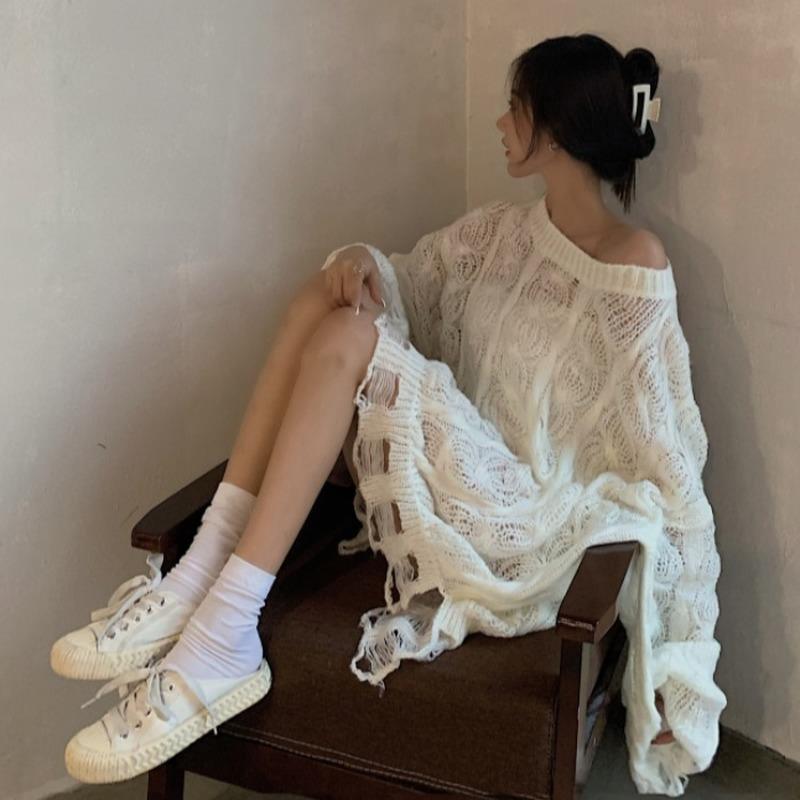 

Women's Sweaters Genlte White Long Sleeve Hollow Out Sweater Thin Outwear Autumn Lazy Loose Jumpers Pullovers Pink Knitted Shirt Top Pull Se, White;black