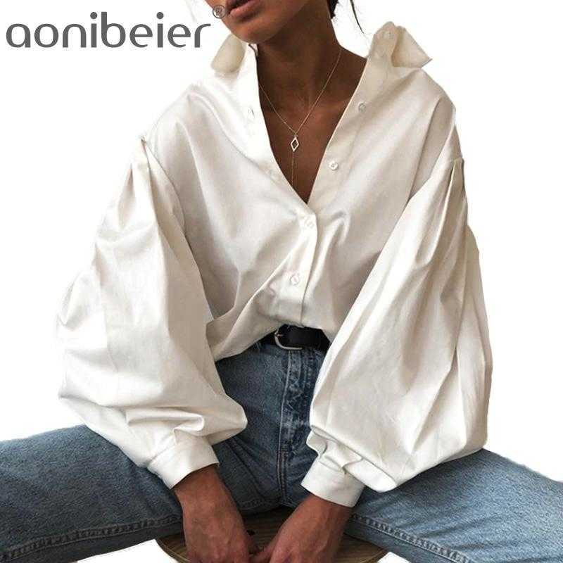 

Elegant Lady Shirt Exaggerated Lantern Sleeve Button Front Women Casual Blouses Spring Autumn Loose White Shirts Tops 210604, Black