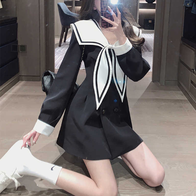 

Preppy Style Elegant Blazer Dress Sailor Collar Design Women Long Sleeve Party Dresses Casual Office Ladies Clothing Spring 210604, Black dress