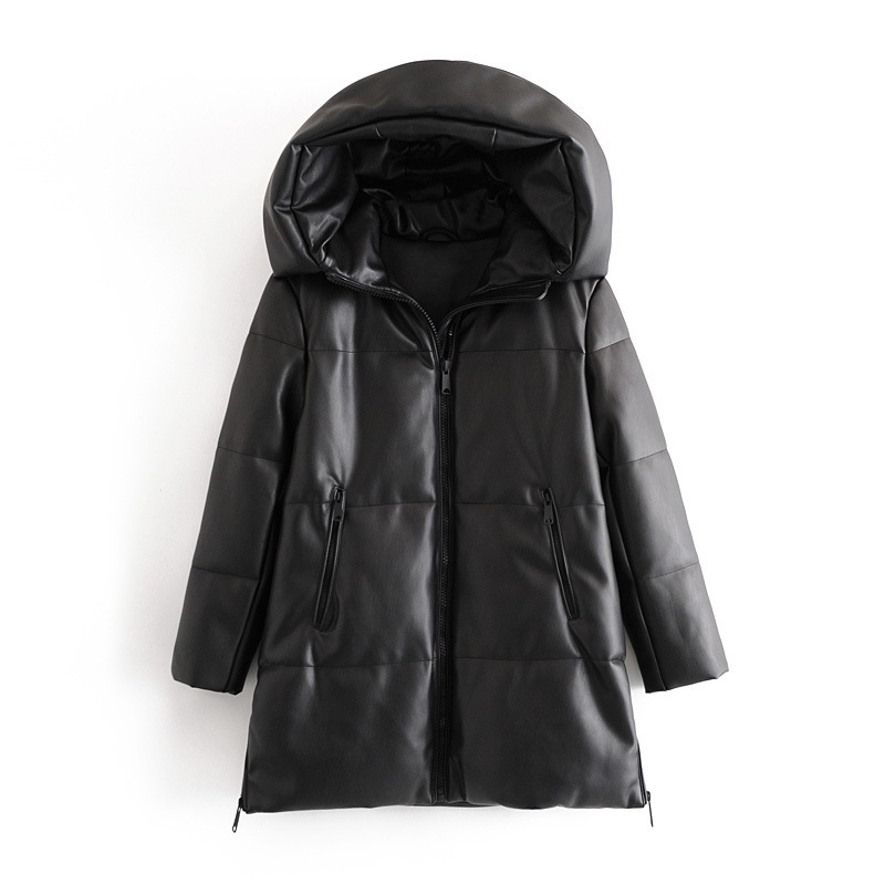 

Winter Fashion Thick Warm Faux Leather Parkas Vintage Hooded Long Sleeve Padded Jacket Female Black Overcoat 210607
