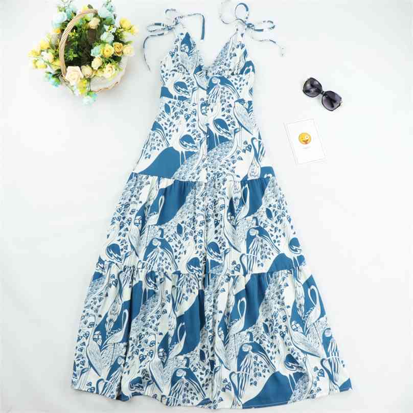 

Sexy Adjust Spaghetti strap midi Dress Elegant Blue Animal Print Women Summer dress Casual Elastic Split vestidos 210520