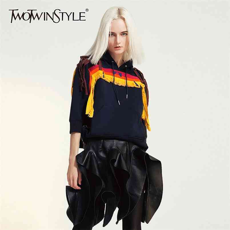 

Patchwork Print Geometric Sweatshirt For Women Hooded Collar Long Sleeve Hit Color Casual Streetwear Tops Female 210524, Blue