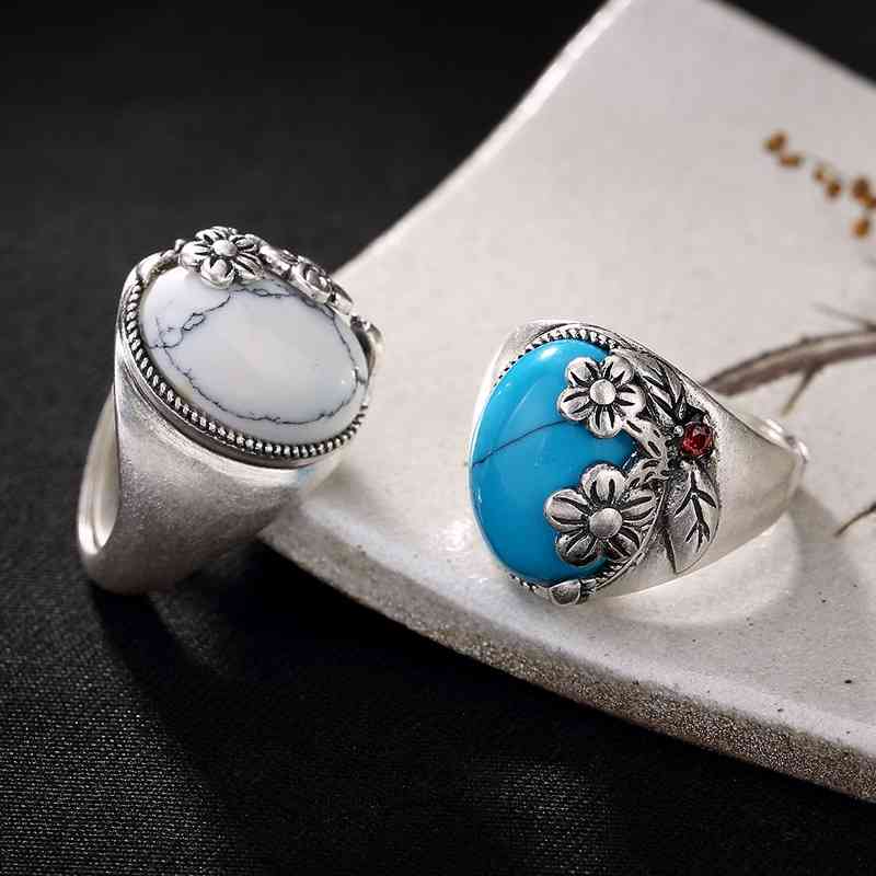 

yilu s990 full silver flower turquoise open ring lady's sterling silver ring, Black