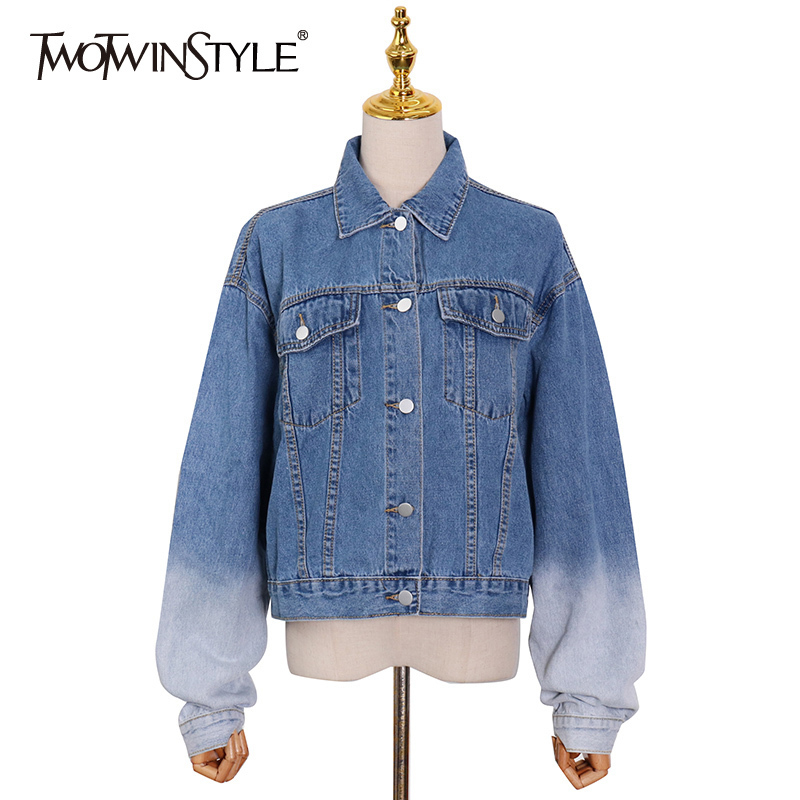 

Causal Hit Color Denim Jackets For Women Lapel Long Sleeve Loose Minimalist Korean Coats Female Spring Fashion 210524, Blue