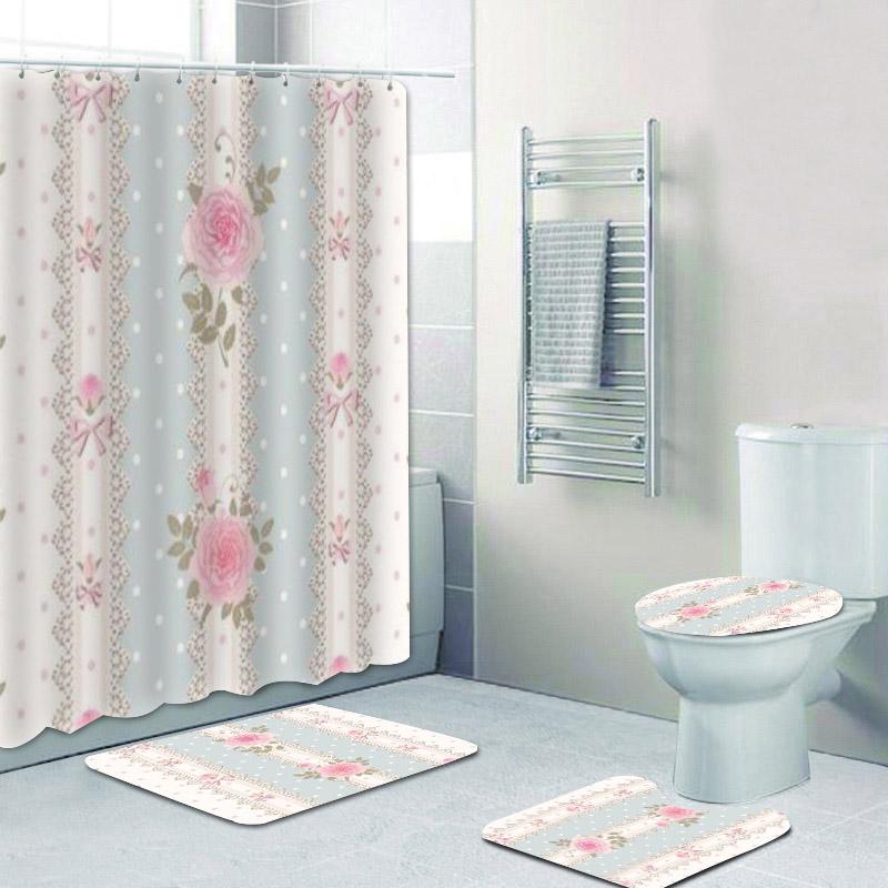 Pink Ribbon Shower Curtain Bathroom Rug Set Bath Mat Non-Slip Toilet Lid Cover 