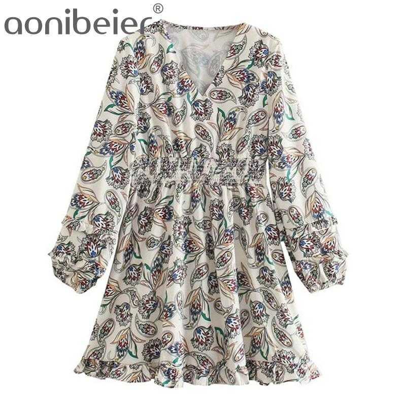 

Plant Print Summer Deep V Elastic High Waist Women Casual Mini Skater Dress Tiered Sleeves Ruffles Female 210604, 01
