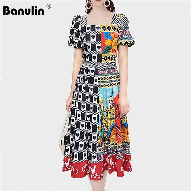

Banulin Summer Fashion Runway Midi Dress Women's Puff Short Sleeve Vintage Floral Print Holiday Elegant N61563 210603, The picture color