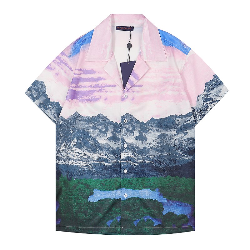 

2022 Man Designer Blouse Shirts Men's Fashion Snowy Mountain Print bowling shirt Casual Shirts Men Short Sleeve Dress Shirt Paisley Pat, White;black