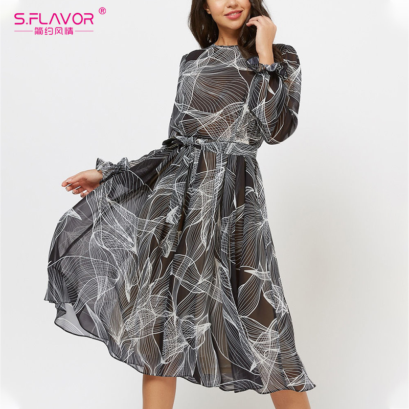 

FLAVOR Women Printing Chiffon Dress Spring Fashion Flare Sleeve O Neck A Line Party Vestidos Elegant Women Midi Summer Dress, Black